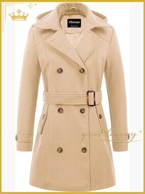 Double Breasted Pea Coat Hooded Long Winter Trench Coat